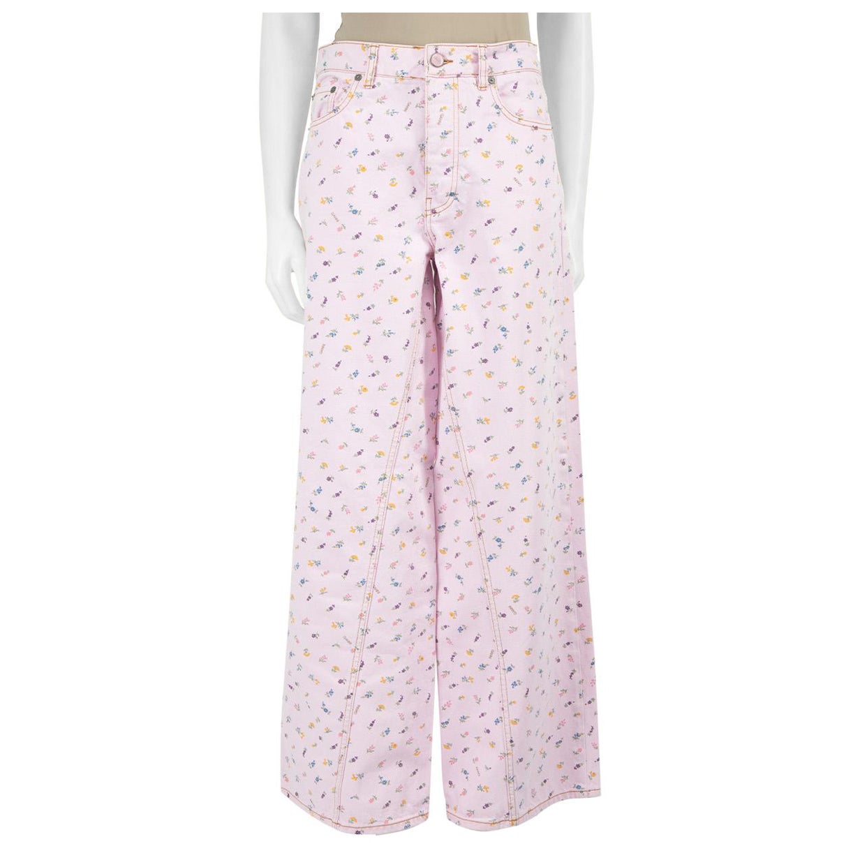Ganni Pink Denim Floral Pattern Jeans Size M For Sale