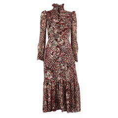 Saint Laurent Leopard Print Silk Ruffle Accent Midi Dress Size XS