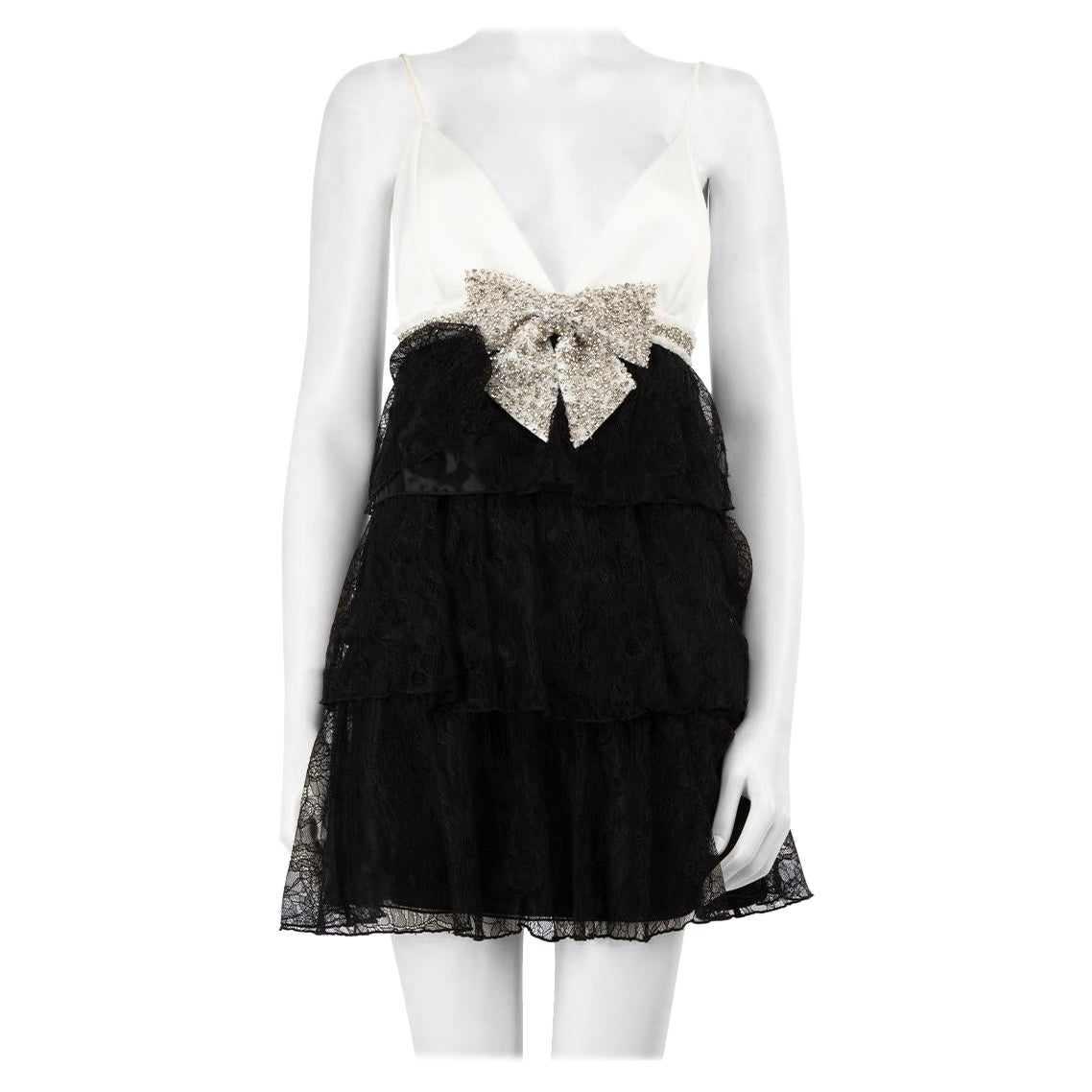 Alice + Olivia Two Tone Cairo Bow Embellished Panelled Lace Mini Dress Size S For Sale