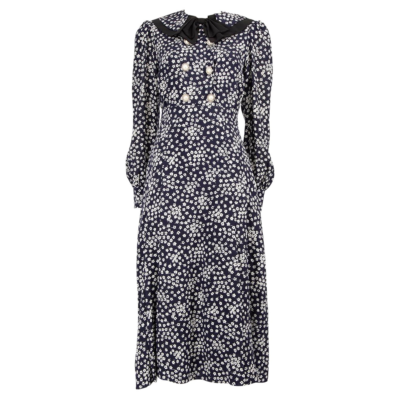 Alessandra Rich Navy Silk Floral Print Midi Dress Size S For Sale