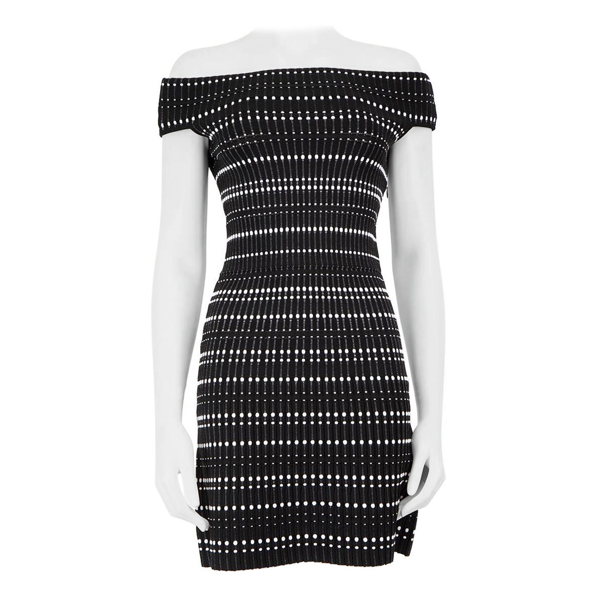 Alexander McQueen FW23 Black Striped Off Shoulder Bodycon Mini Dress Size S For Sale
