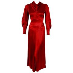 1930's Elegant Ruby Red Satin Sculpted Cowl-Neck Deco Poet-Sleeve Belted Dress