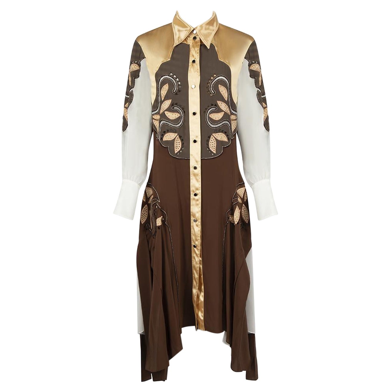 Chloé Brown Silk Studded Panel Shirt Dress Size S For Sale