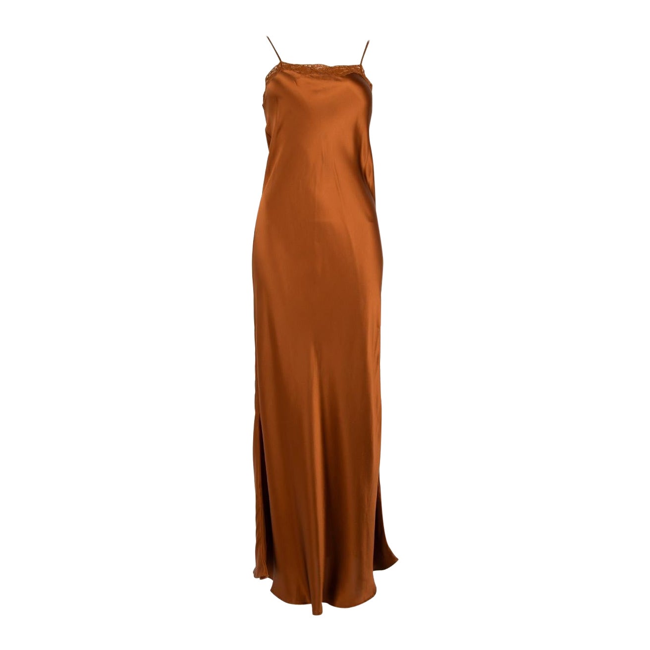 Mes Demoiselles Brown Silk Lace Trim Maxi Slip Dress Size XS For Sale