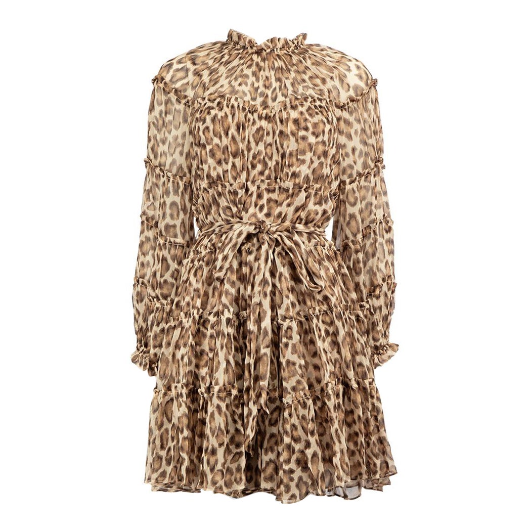 Zimmermann Brown Silk Leopard Print Belted Dress Size XL For Sale