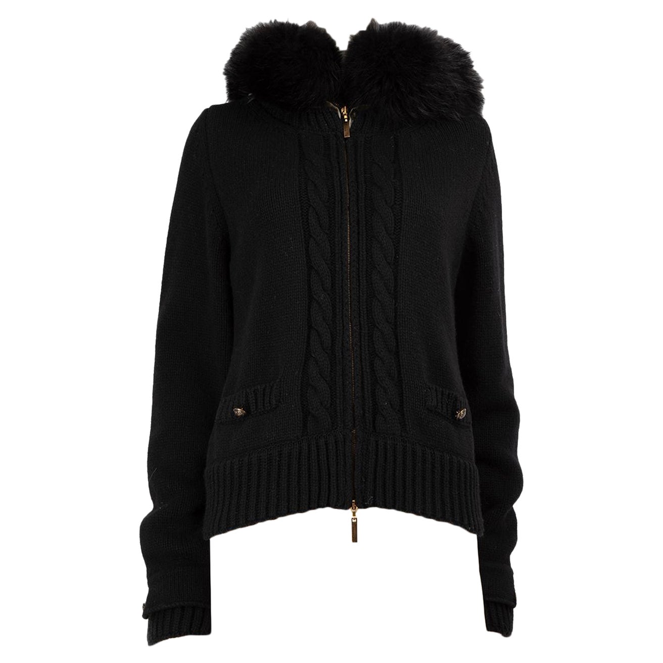 Roberto Cavalli Black Wool Fur Trim Knit Jacket Size XL For Sale