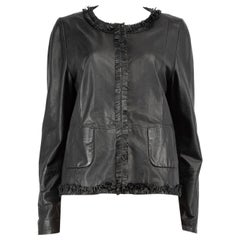 Used Max Mara Black Leather Fringe Trim Jacket Size XXL