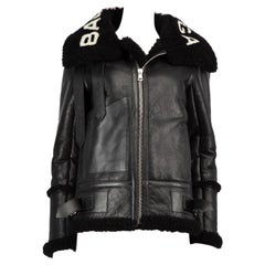 Balenciaga Black Leather Logo Shearling Jacket Size S