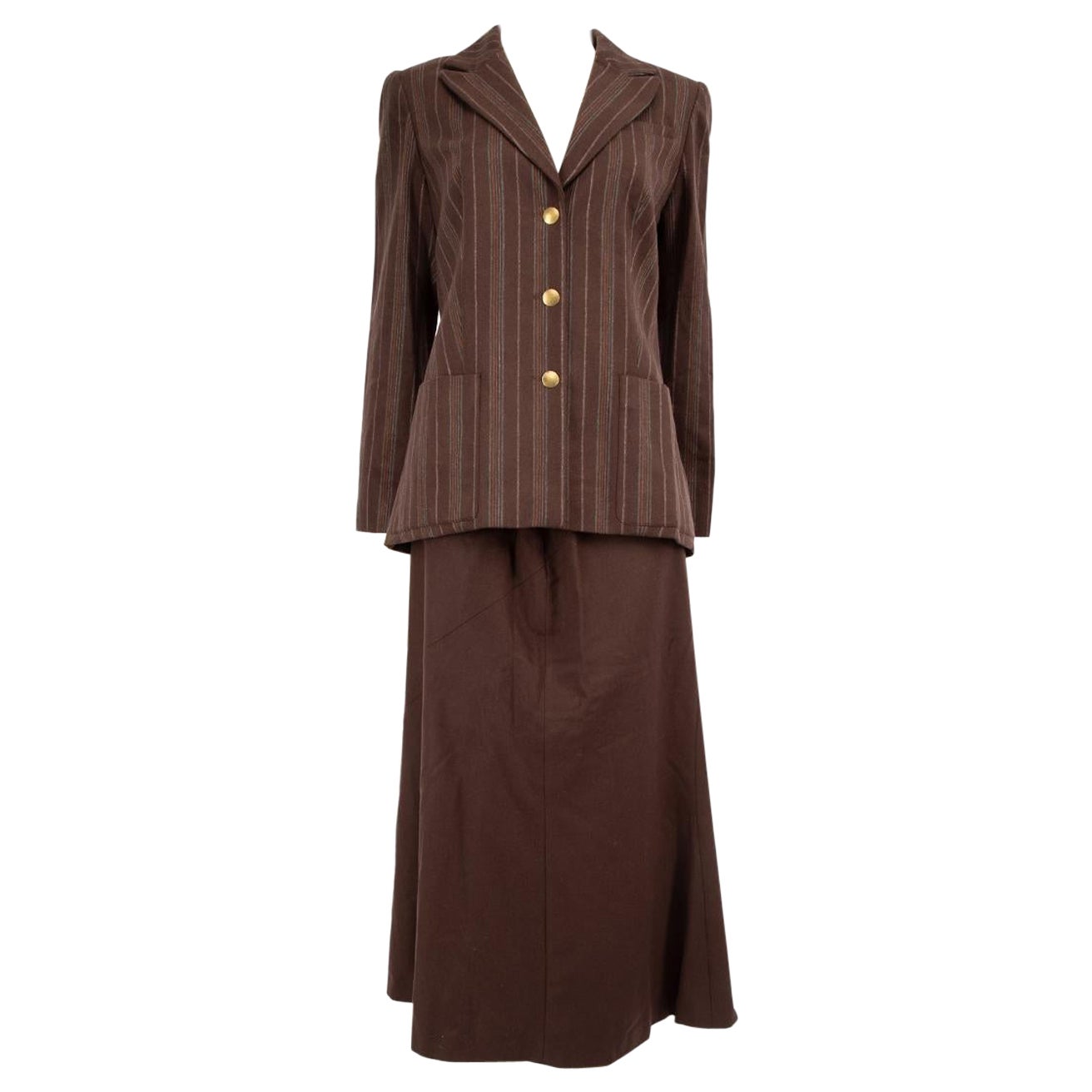 Kenzo Brown Wool Pinstriped Pattern Skirt Suit Size XXL For Sale