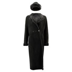 Loewe Black Sheepskin Shearling Lined Vintage Coat & Hat Set Size XXL