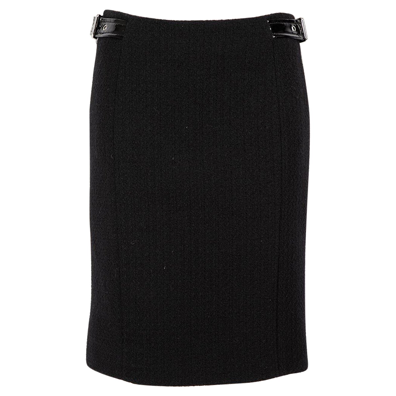 Moschino Black Wool Tweed Belted Knee Length Skirt Size S For Sale