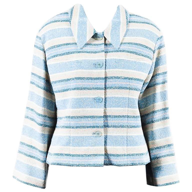 Chanel Identification 00C Blue & Cream Wool Blend Tweed Striped Jacket SZ 10 For Sale