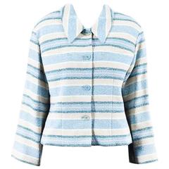Chanel Identification 00C Blue & Cream Wool Blend Tweed Striped Jacket SZ 10