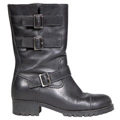 Prada Black Leather Buckle Detail Biker Boots Size IT 39.5