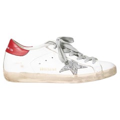 Used Golden Goose White Leather Glitter Superstar Trainers Size IT 37