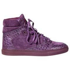 Balenciaga, scarpe da ginnastica alte in pelle scamosciata e coccodrillo viola, misura IT 38