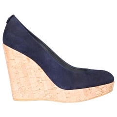 Used Stuart Weitzman Navy Suede Cork Wedges Size US 11