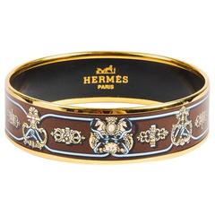 Hermes Beige Blue & Brown Enameled & Gold Plated Printed Bangle Size 65