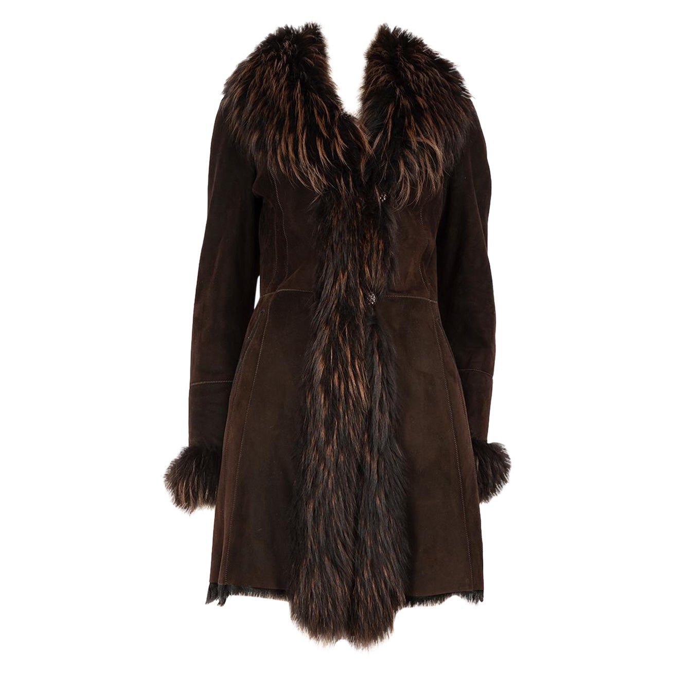 Bond Bonny Brown Suede Fur Trimmed Shearling Coat Size S For Sale
