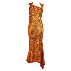 The Attico Orange Metallic Sequinned Midi Gown Size M