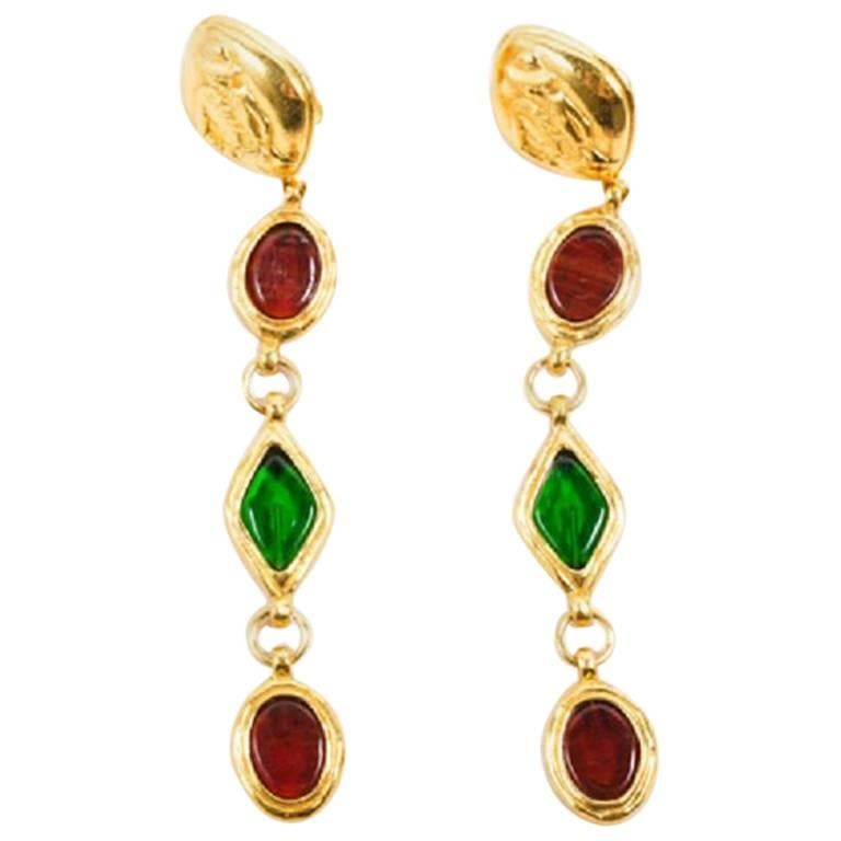 Vintage Chanel Gold Tone Red Green Gripoix 'Coco Chanel' Clip On Drop Earrings For Sale