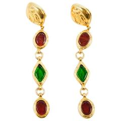 Vintage Chanel Gold Tone Red Green Gripoix 'Coco Chanel' Clip On Drop Earrings