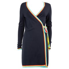 Used Diane Von Furstenberg Navy Stripe Trim Wrap Dress Size S