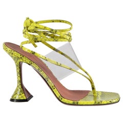 Amina Muaddi Neon Yellow Snakeskin Zula 95 PVC Thong Sandals Size US 8