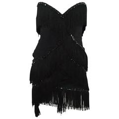 Bob Mackie Black Strapless Fringe Dress with Rhinestones - M - 1980's 1