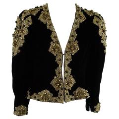 Oscar de la Renta Black Velvet Jacket with Gold Embroidery - M - 1990's 