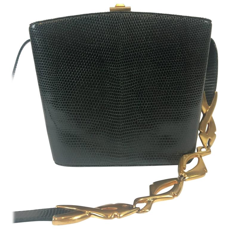 Gucci Green Lizard and Gold Chain Crossbody Bag, 1980s For Sale at
