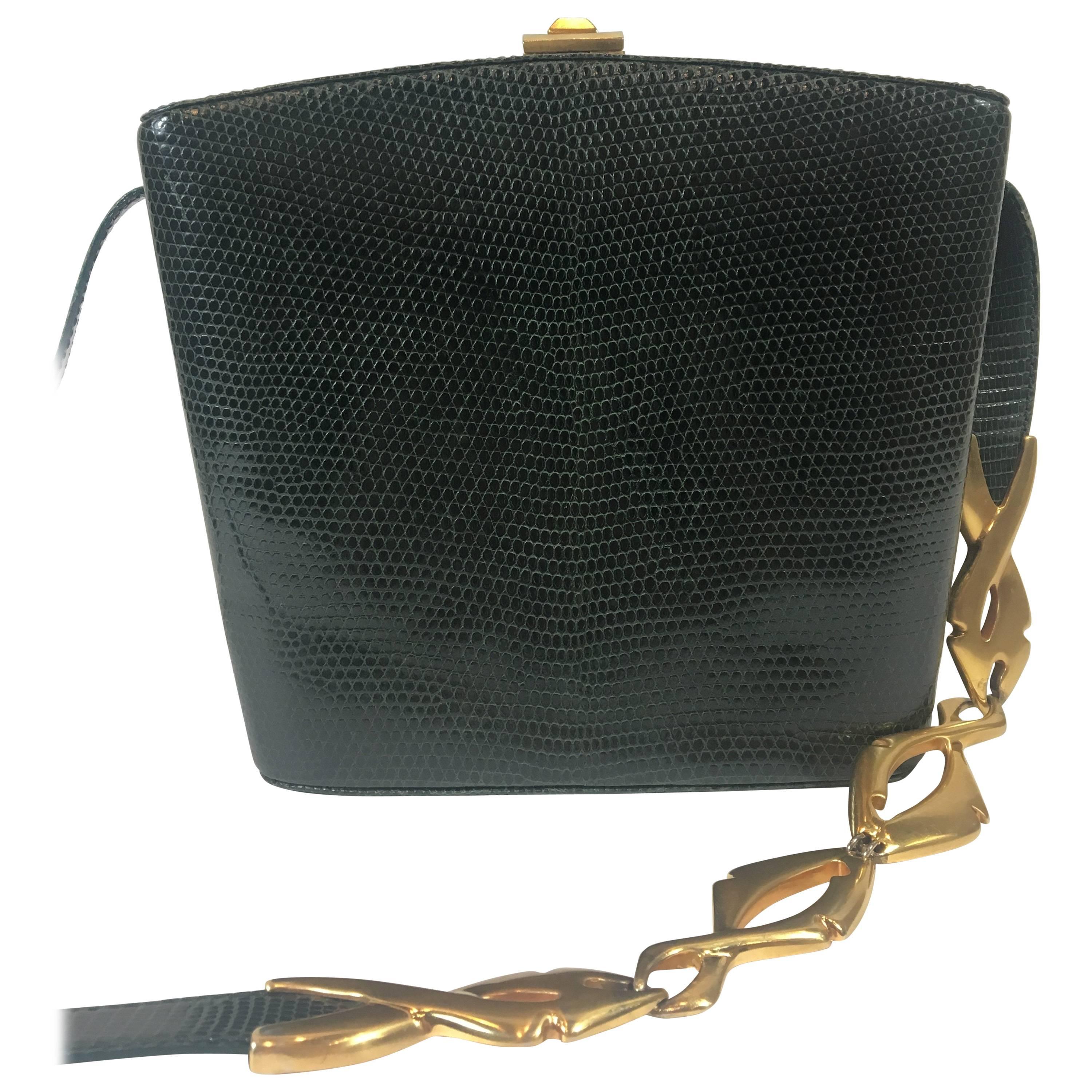 Gucci Green Lizard and Gold Chain Crossbody Bag, 1980s  For Sale