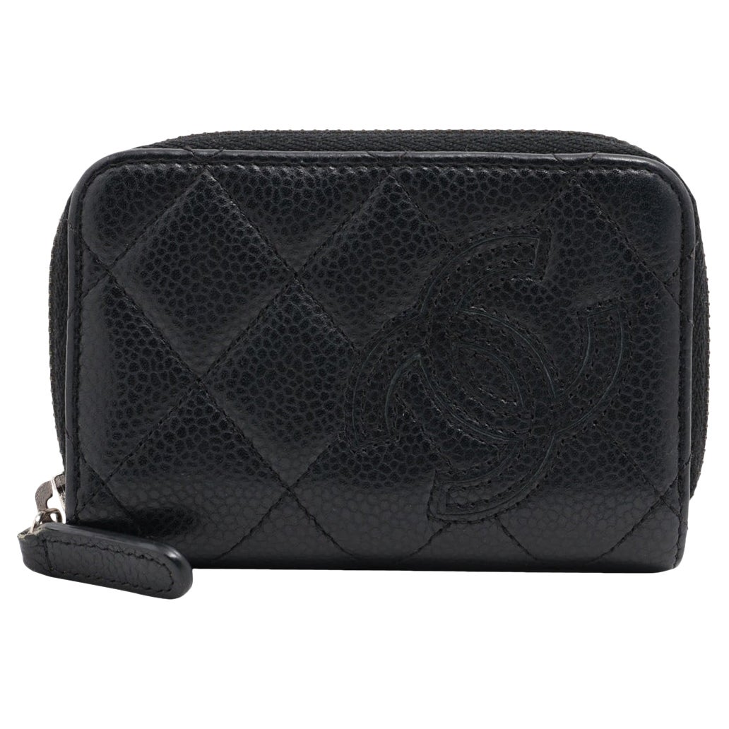 Chanel CC Logo Matelasse Caviar Skin Coin Case Zippy Wallet Black For Sale