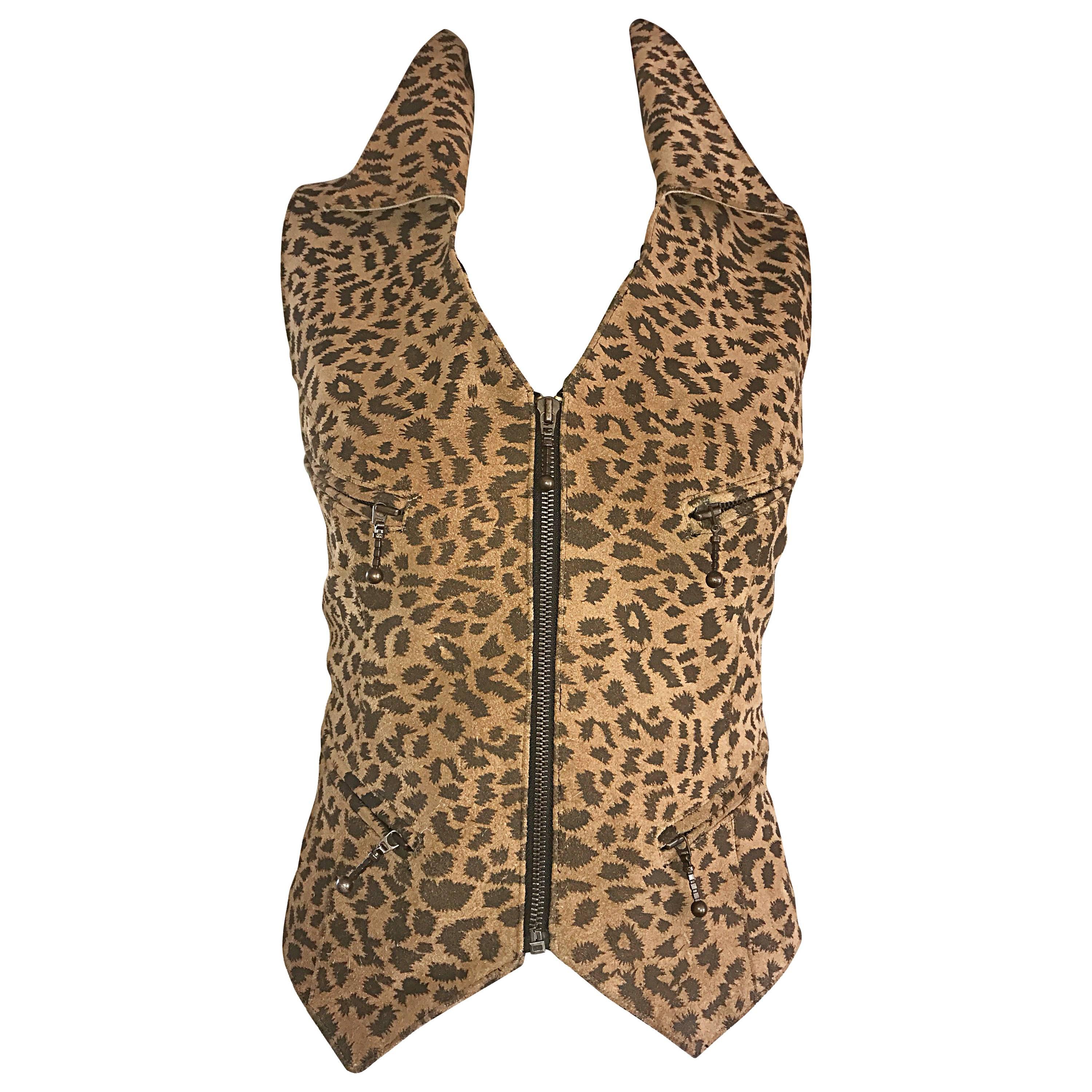 1990s Leopard Print Size Large Leather Suede 90s Vintage Cheetah Biker Vest