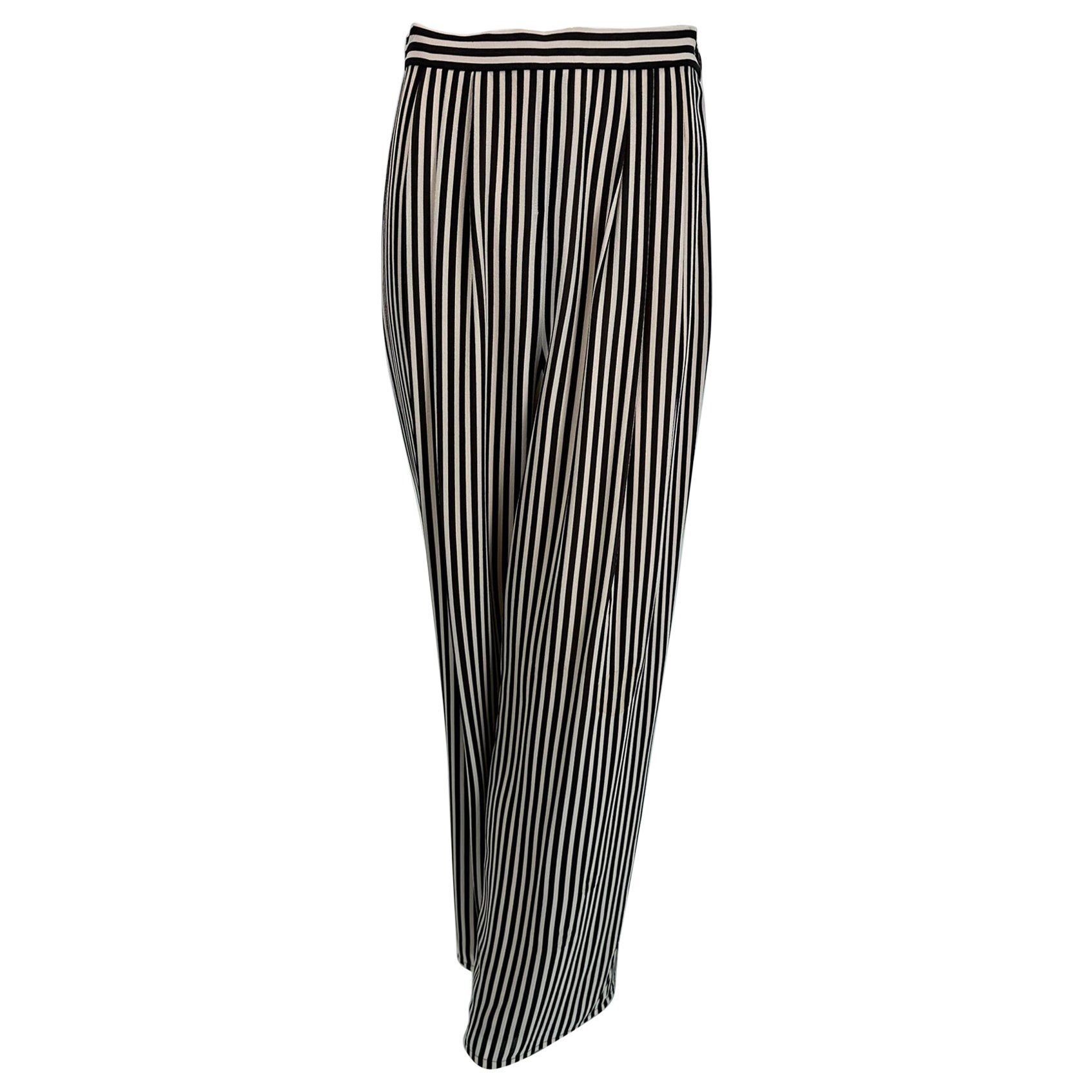 1990s Carlislie Black & White Silk Stripe Pleat Front Wide Leg Trouser For Sale