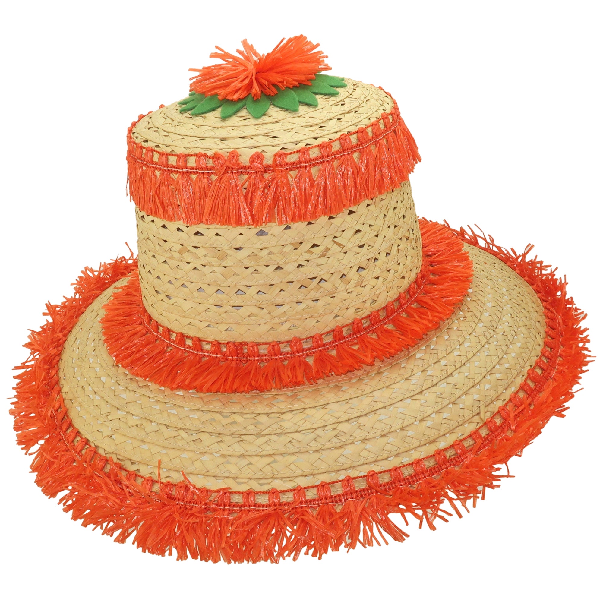 Italian Wide Brim Straw Beach Hat With Orange Raffia Trim, 1960's For Sale