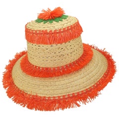 Sombrero de playa italiano de ala ancha de paja con ribete de rafia naranja, años 60