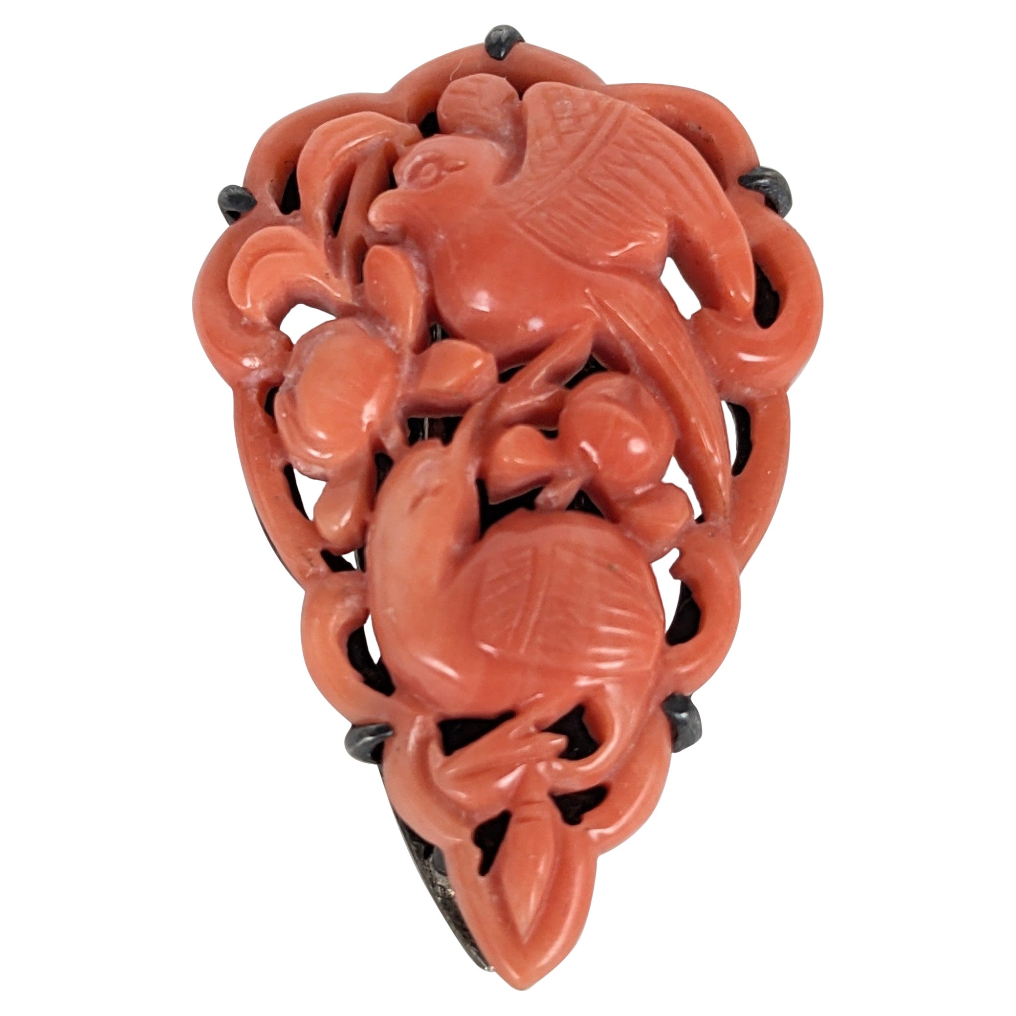 Art Deco Carved Coral Bird and Fruit Clip For Sale