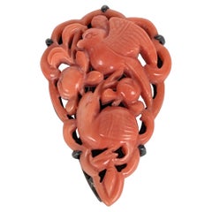 Antique Art Deco Carved Coral Bird and Fruit Clip