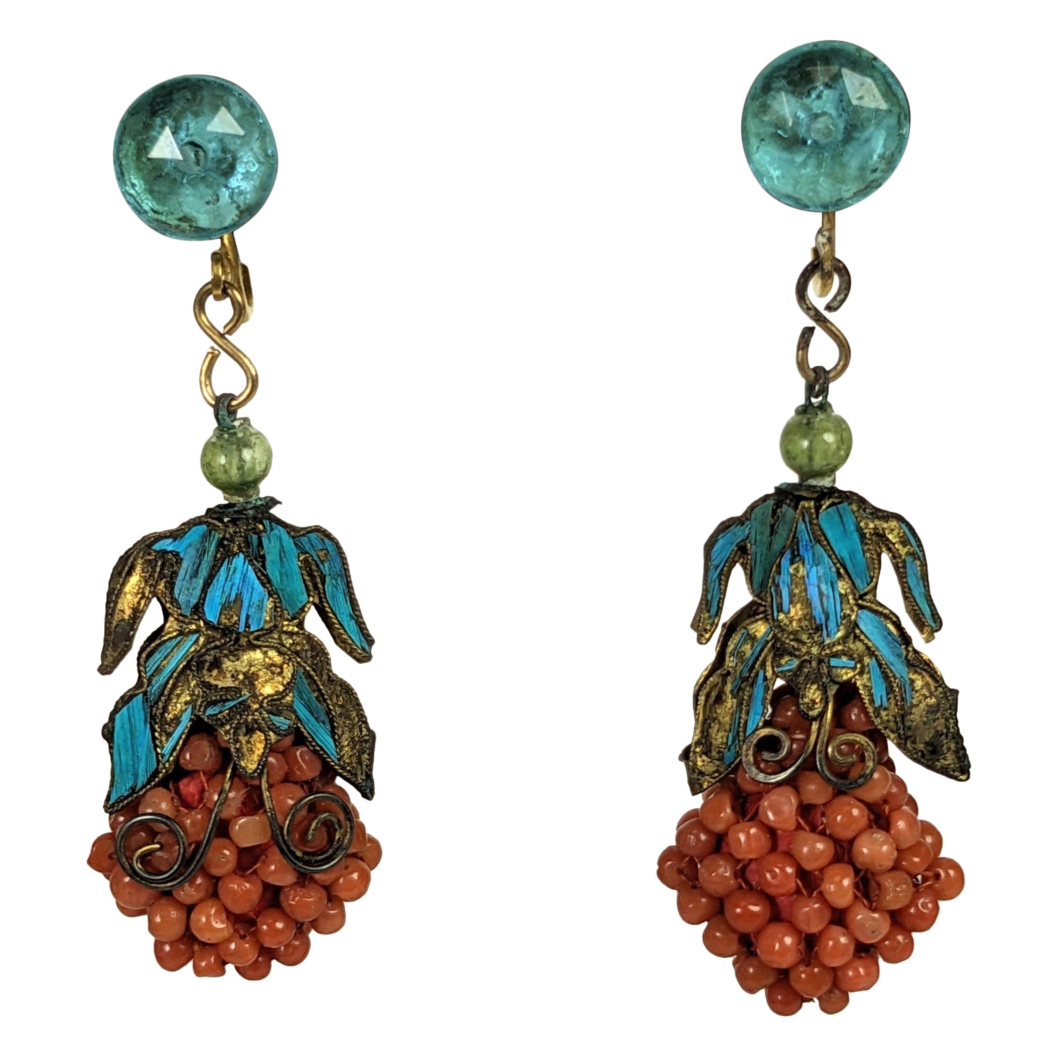 Chinese Coral and Kingfisher Feather Deco Drop Earrings For Sale