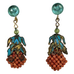 Antique Chinese Coral and Kingfisher Feather Deco Drop Earrings