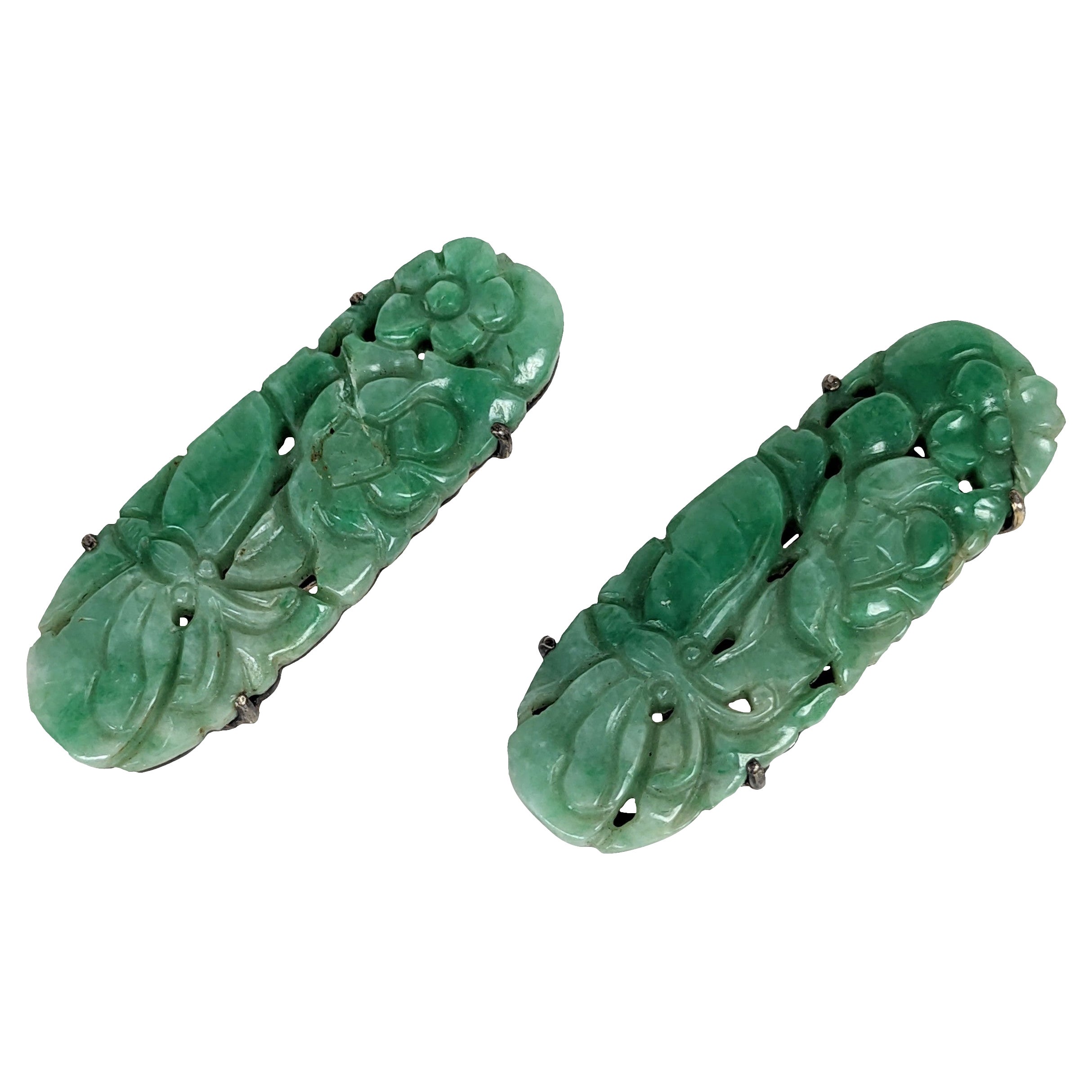 Art Deco Hand Carved Jade Clips/Earrings For Sale