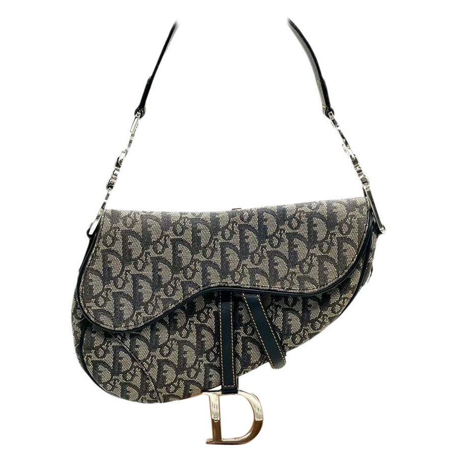 Dior Saddle Vintage Black Oblique Shoulder Bag Silver Hardware For Sale