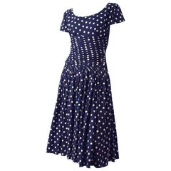 Vintage 50s Navy Blue & Ivory Polka Dot Dress with Full Gathered Skirt