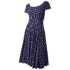 50s Navy Blue & Ivory Polka Dot Dress with Full Gathered Skirt 1