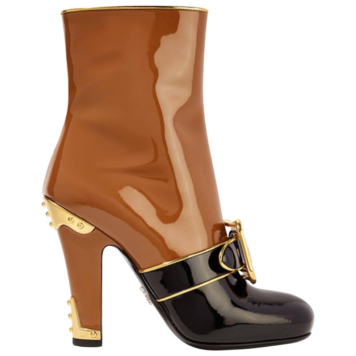 Prada NEW Runway Cognac Colorblock Gold Patent Ankle Boots Shoes in Box