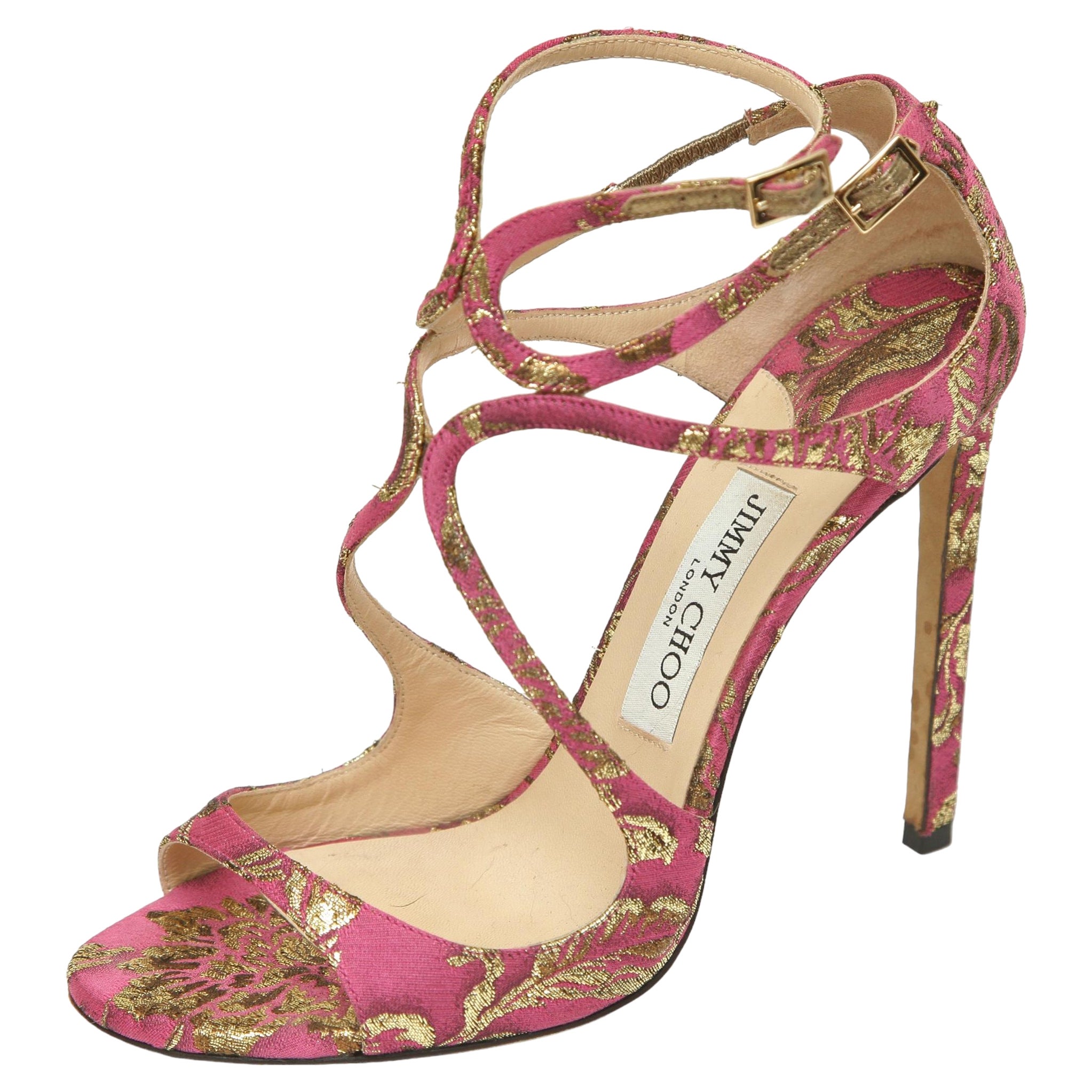 JIMMY CHOO Sandals Brocade Pink Gold Metallic LANCER Heels Leather Strappy 38 For Sale