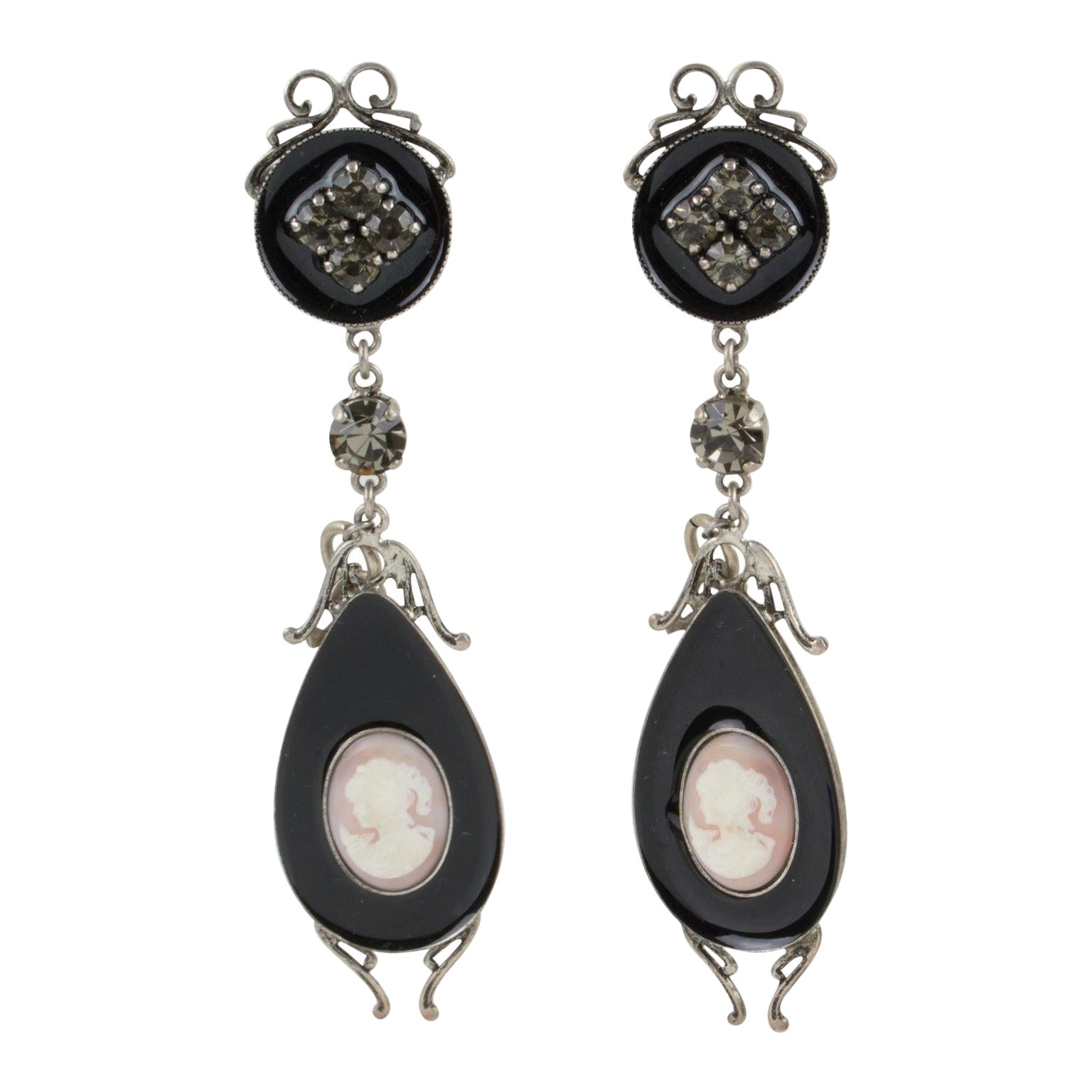 John Galliano Victorian Style Cameo and Black Enamel Dangle Clip Earrings For Sale
