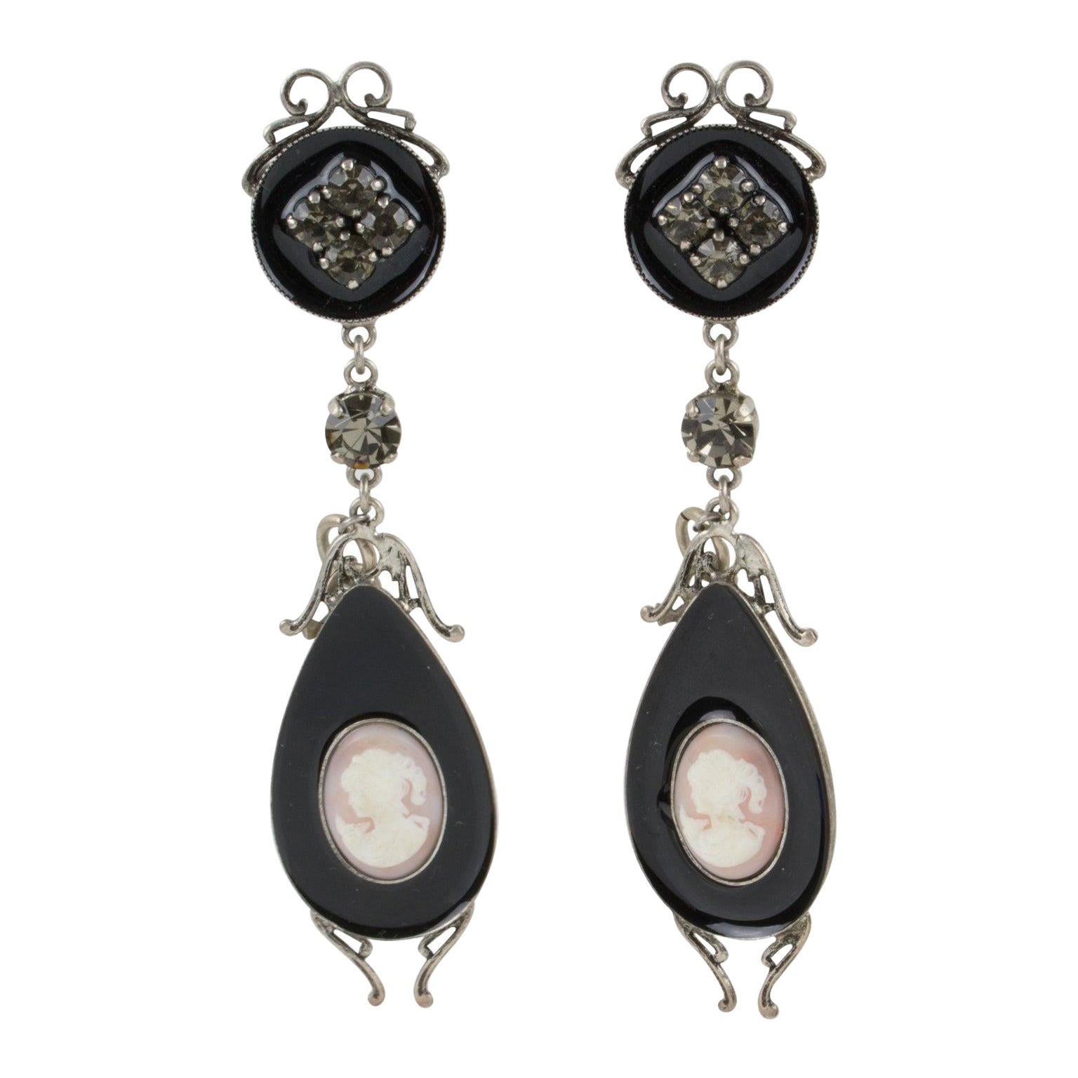 John Galliano Victorian Style Cameo and Black Enamel Earrings For Sale