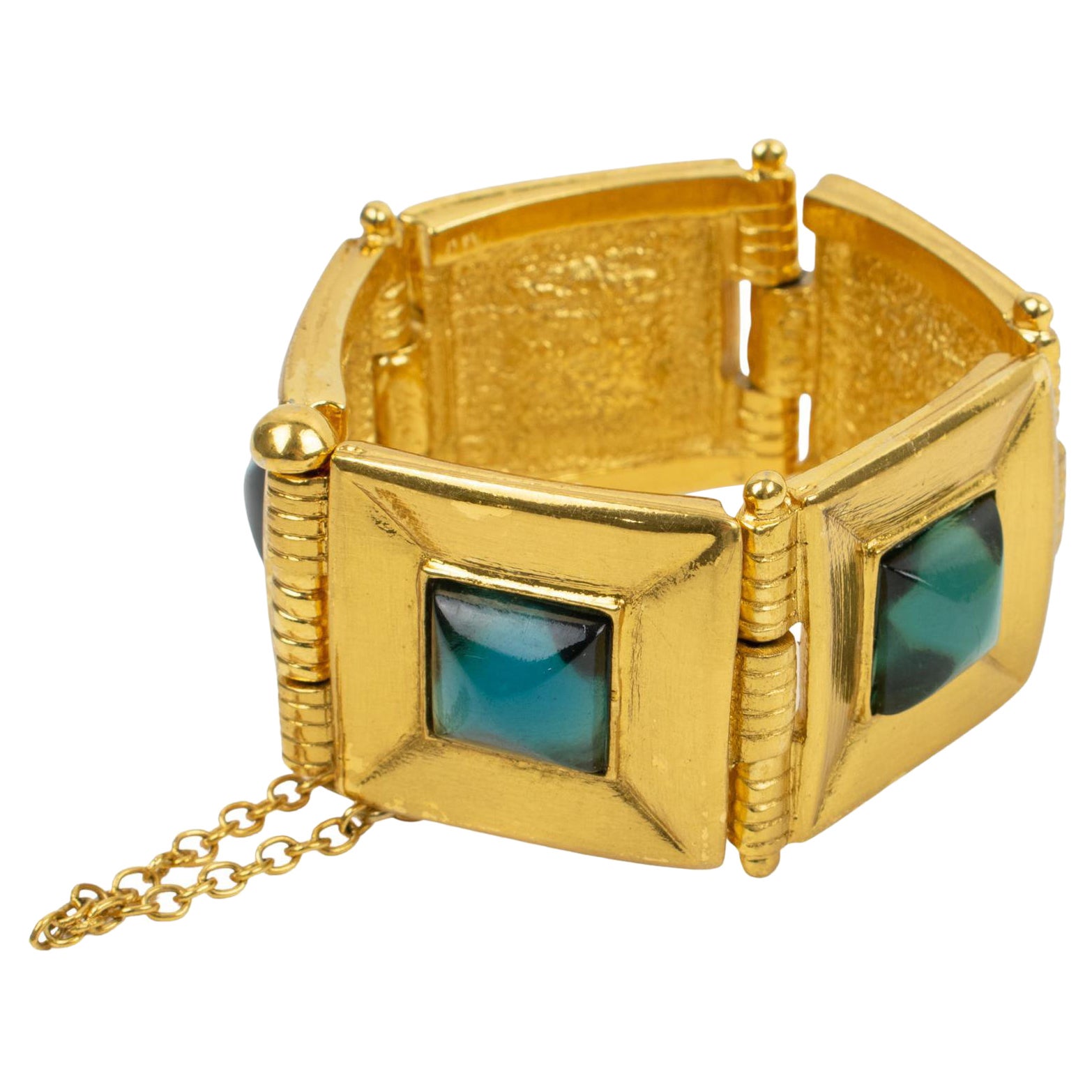 Jean Louis Scherrer Gilt Metal Jeweled Link Bracelet Turquoise Resin Cabochon For Sale
